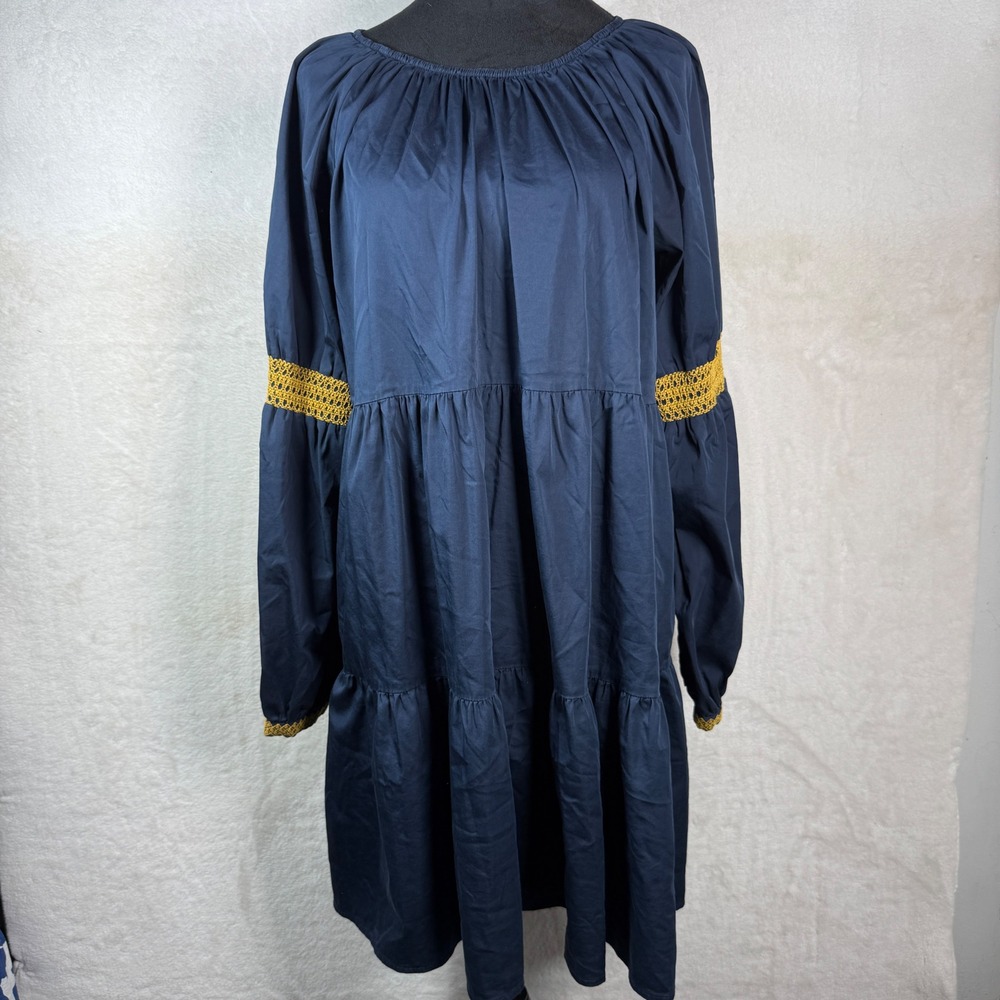 Elizabeth and James Navy Blue Tiered Mini Dress Yellow Lace XL Boho Babydoll